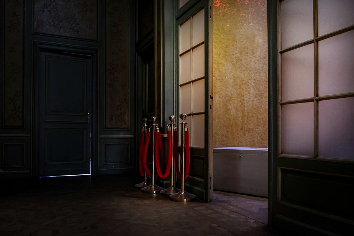 Red carpet runway with rope posts leading to a patterned press wall
